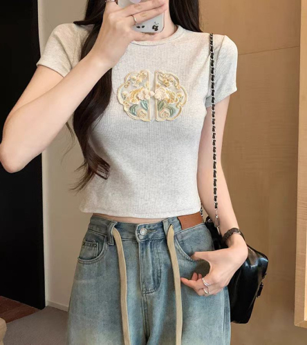 新中式国风圆领短袖t恤女2024夏季新款修身小个子短款甜辣妹上衣