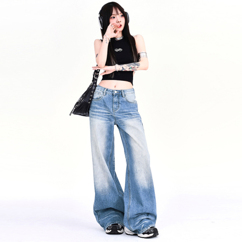 Real shot creased distressed washed jeans summer 2024 new floor-length slimming loose straight wide-leg pants