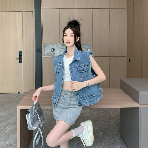 Actual shot ~ Retro raw-edged right-shoulder denim vest jacket for women, short style, new summer style, loose layered vest