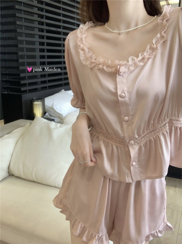 Real shot of Korean version of sweet silky simulated silk lace palace style short-sleeved shorts home wear set