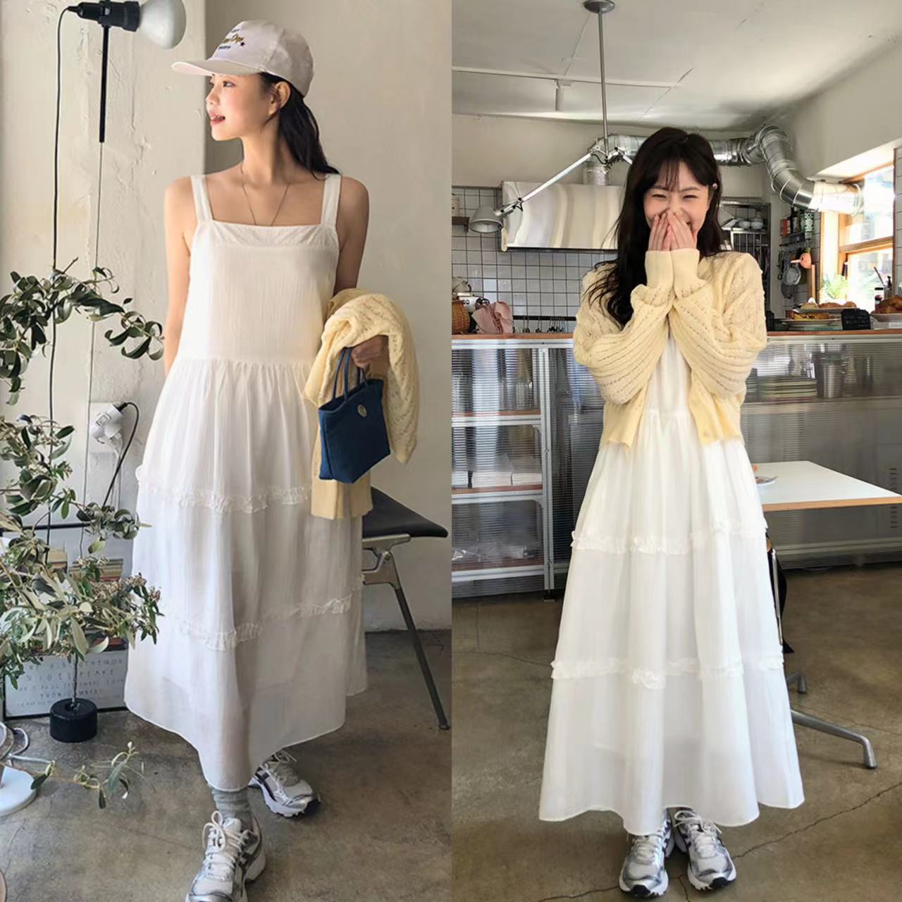 元氣少女 荷葉邊  拼接  純色  長款 吊帶裙