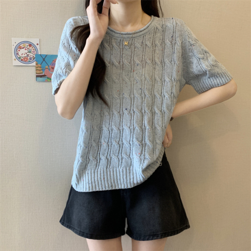 Actual shot of the new Korean style curled round neck colorful twist high-end knitted short-sleeved T-shirt top for women
