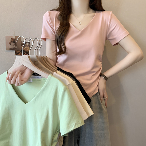 Actual shot of 2024 new summer clothes for fat mm fashionable versatile slim sweet hot girl solid color pleated short-sleeved tops T-shirt