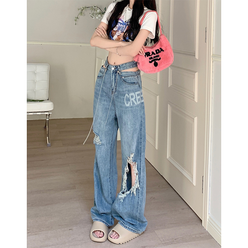 Actual shot of high-waisted hollow printed wide-leg straight jeans for women