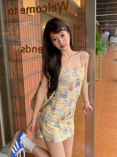 Real shot 2024~Paradise Party Cute Kitten Cute Printed Stretch Slim Suspender Dress