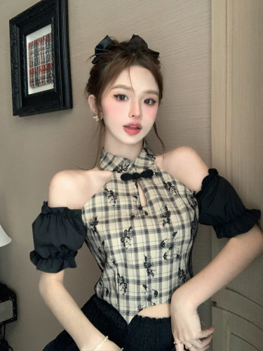 Actual shot of new Chinese style pure lust style butterfly print plaid splicing short-sleeved shirt top