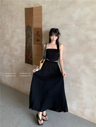 Real shot Fashion two-piece set 2024 summer new casual tube top top high waist slimming skirt