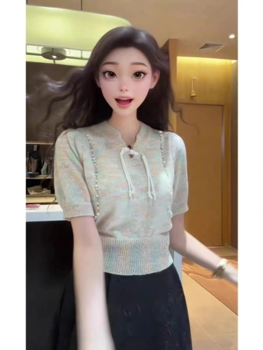 新中式国风盘扣立领钉珠短袖针织衫女收腰独特别致短款小上衣夏季