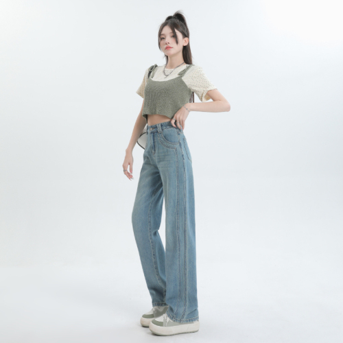 Actual shot of new spring wide-leg jeans, loose, high-waisted, versatile floor-length pants, slim straight-leg long pants