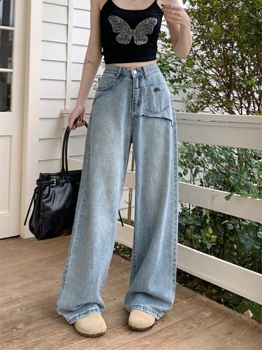 Real shot of retro jeans for women in spring 2024 new irregular design high-waist slimming wide-leg floor-length trousers