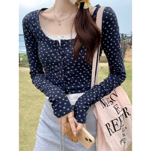 Actual shot of early spring design floral cardigan T-shirt for women new long-sleeved U-neck slim fit short top jacket