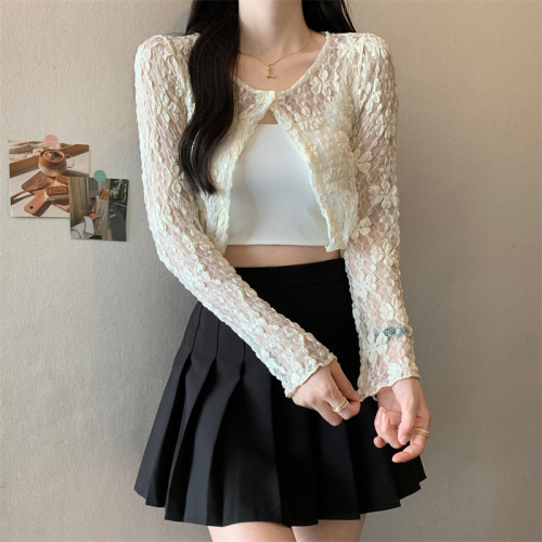 Real shot of white V-neck long-sleeved sun protection lace shirt pure desire see-through short style slimming outer cardigan top trendy