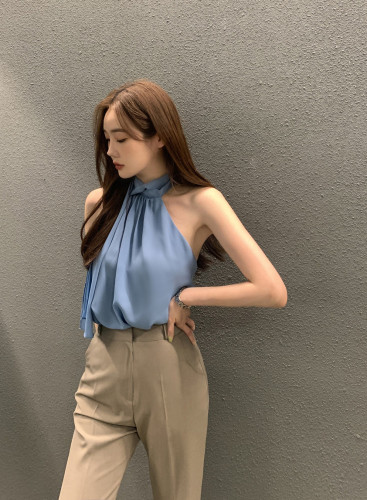 Korean chic summer halter neck satin ribbon vest