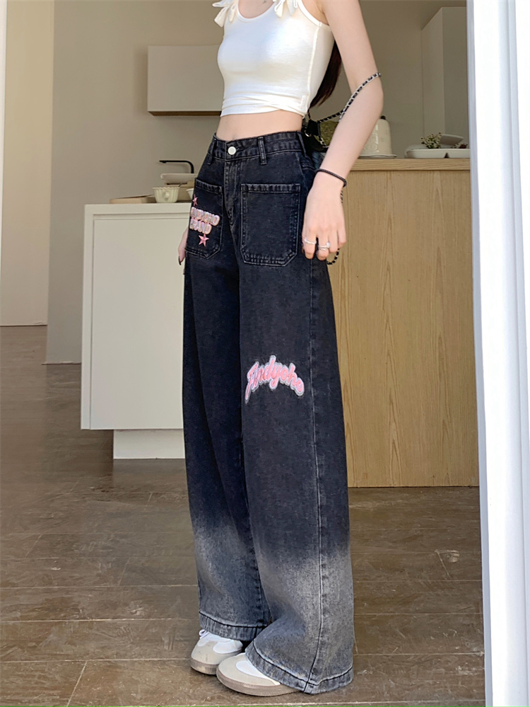 Real shot of large size black gradient jeans 2024 new American high street narrow version straight wide leg long pants