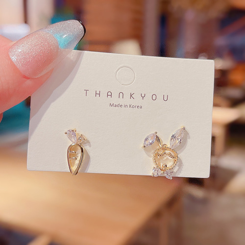 Real shot of 925 silver needle cute and sweet rabbit earrings simple small asymmetrical temperament earrings for women