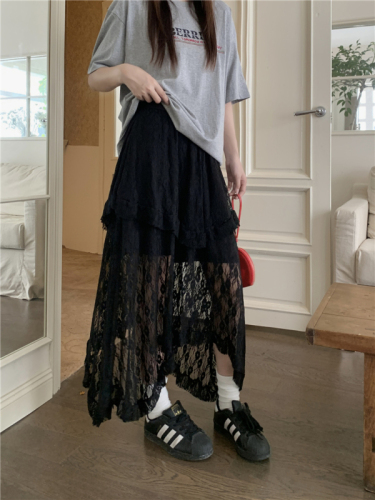 Actual shot Korean style high-waisted slimming irregular lace cake skirt versatile mid-length skirt