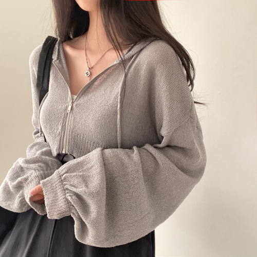 Real price Korean autumn new hooded short thin sweater jacket ice silk knitted casual cardigan for women