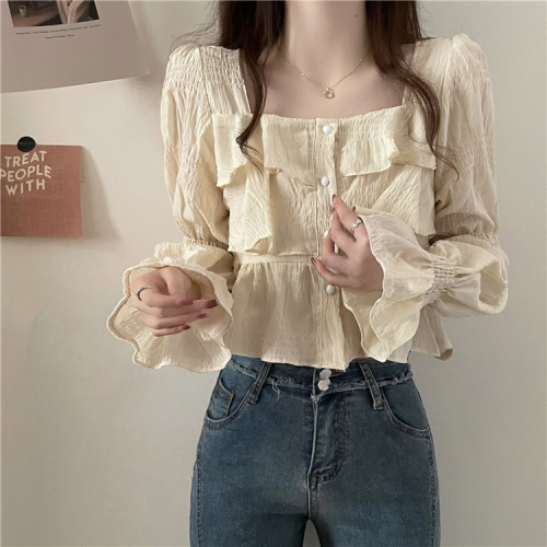 Actual shot ~ Spring and summer new style French square collar chiffon shirt, sweet trumpet sleeve temperament shirt top