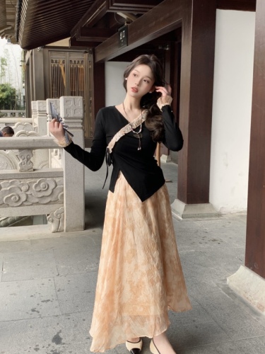新中式国风V领花边显瘦长袖上衣高腰扎染半身裙套装   实拍