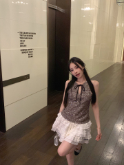 實拍 閃閃惹人愛 芭蕾風鏤空蝴蝶結啞光珠片修身背心亮片上衣