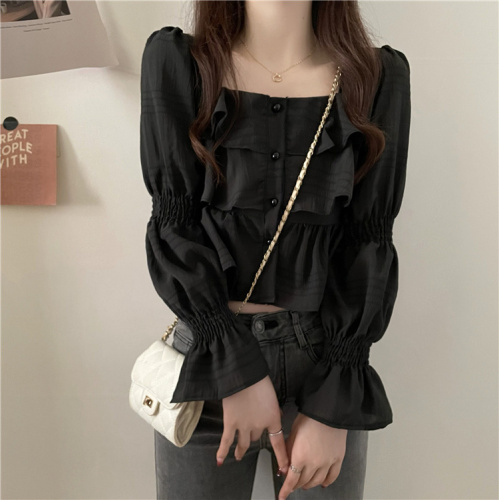 Actual shot ~ Spring and summer new style French square collar chiffon shirt, sweet trumpet sleeve temperament shirt top