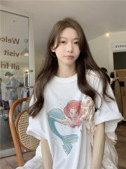 Actual shot~Cartoon mermaid Korean style loose round neck T-shirt casual top