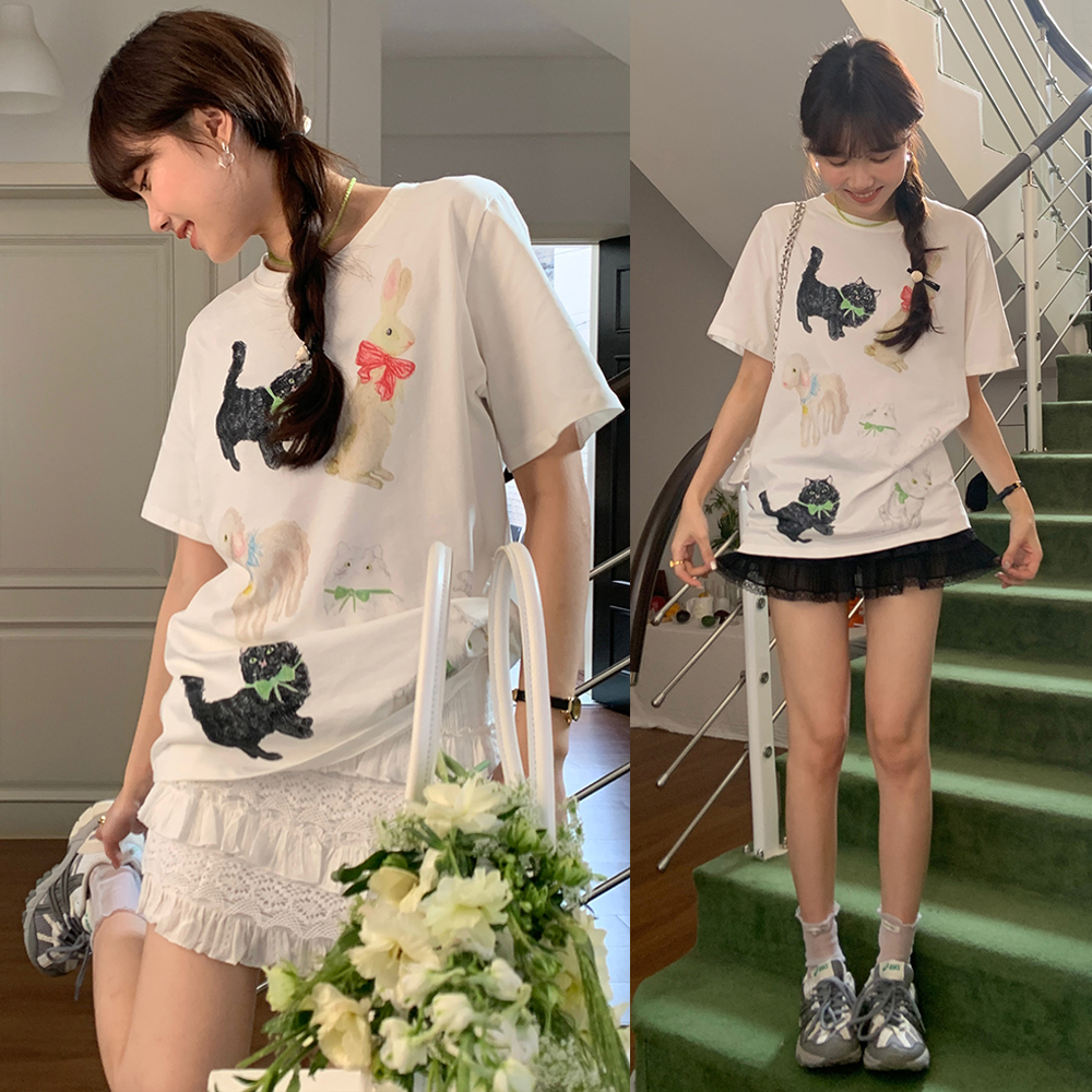 實拍 美少女可愛減齡貓咪兔子撞色印花圓領百搭寬鬆短袖T恤