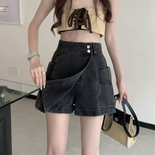 Retro American hot girl denim shorts for women 2024 summer new high-waisted loose slimming crotch-covering design culottes