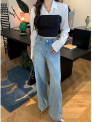 2024春季新款拼接假兩件裹胸襯衫韓系精緻百搭上衣女