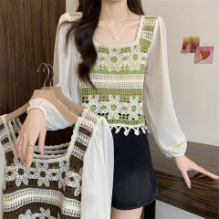 實拍 新款復古法式撞色鈎花鏤空針織衫女小個子設計感上衣