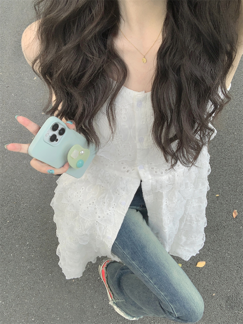 Photographed #2024 Summer Versatile Korean Style Design White Lace Tank Top Dress with Button and Fringe Edge Dress