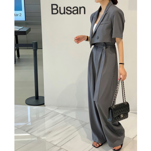 Short-sleeved Korean suit 2024 summer new temperament short suit jacket + high-waist design wide-leg pants