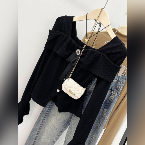 2024 New Pure Desire Hot Girl Square Neck Bow Top Slit Bell Sleeves Western Style Long Sleeve T-Shirt Women's Top