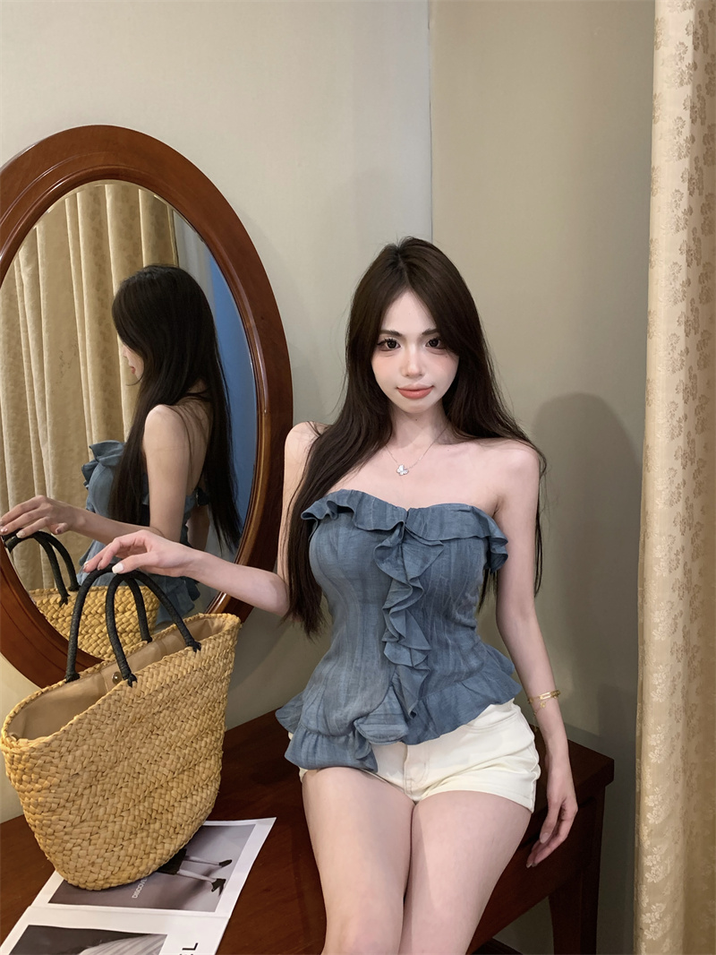 實拍  美式復古抹胸女荷葉邊緊身帶胸墊辣妹上衣