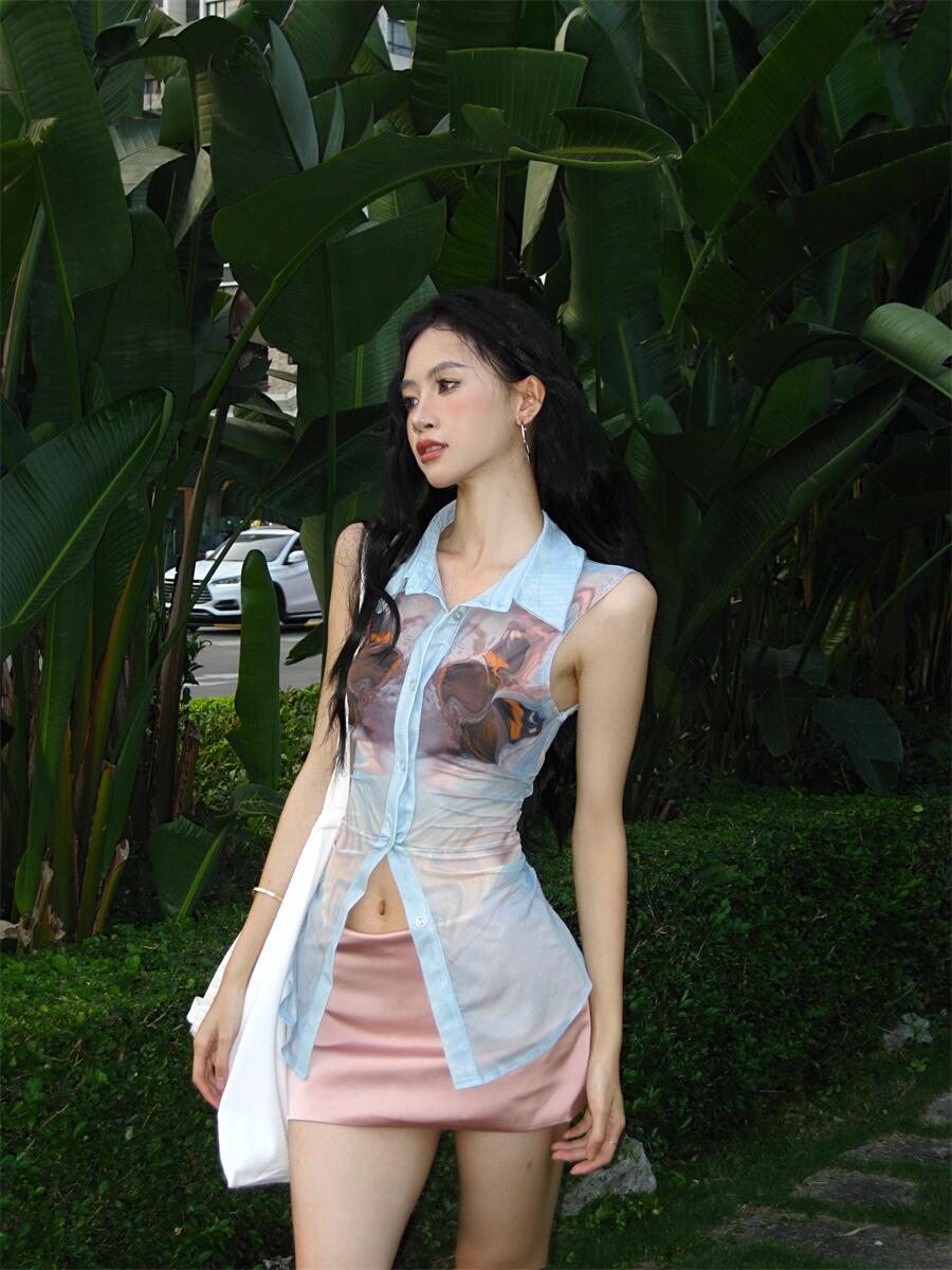 實拍 撞色印花背心女夏收腰彈力網紗上衣女