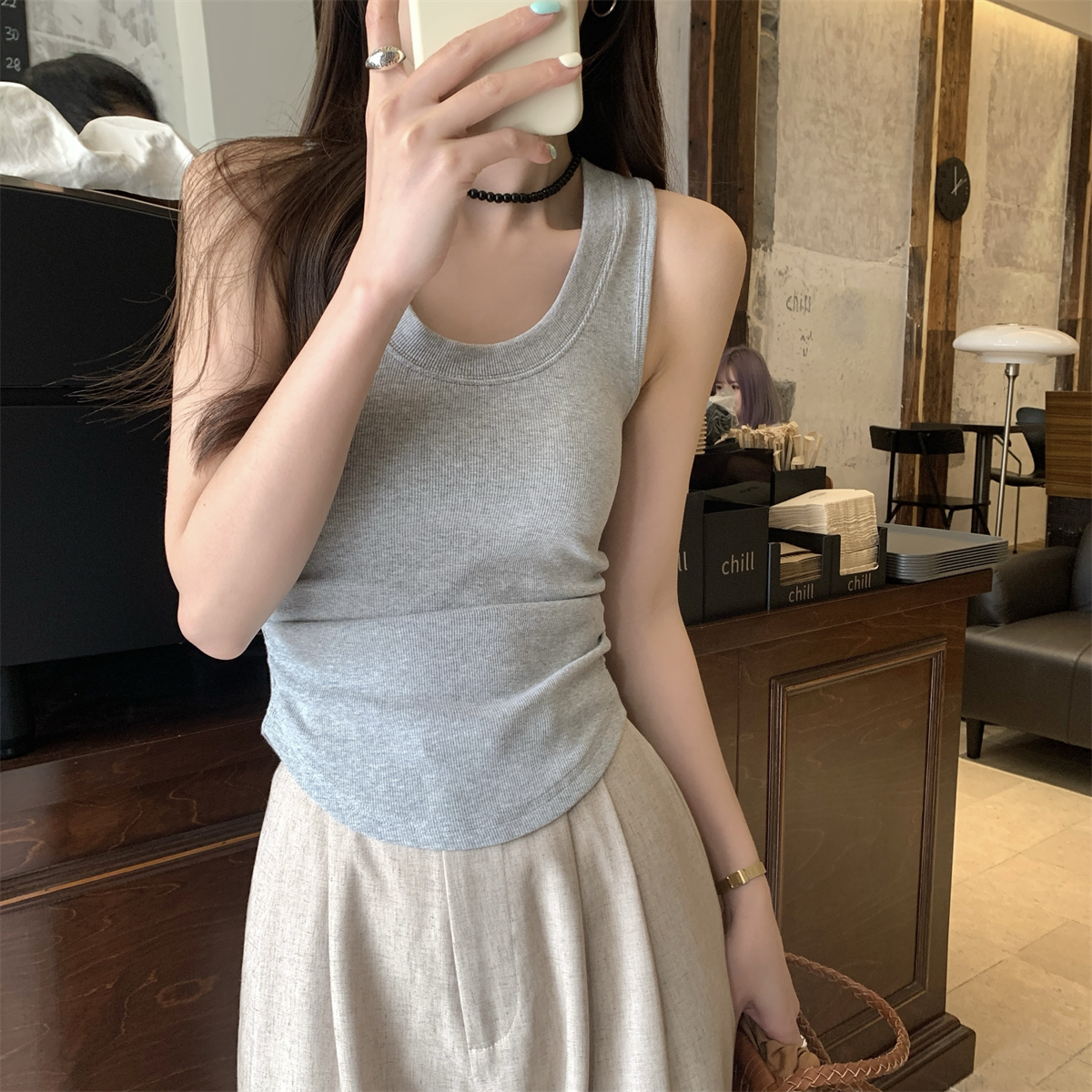 實拍 夏季韓版修身氣質u領百搭褶皺顯瘦純棉背心T恤上衣女