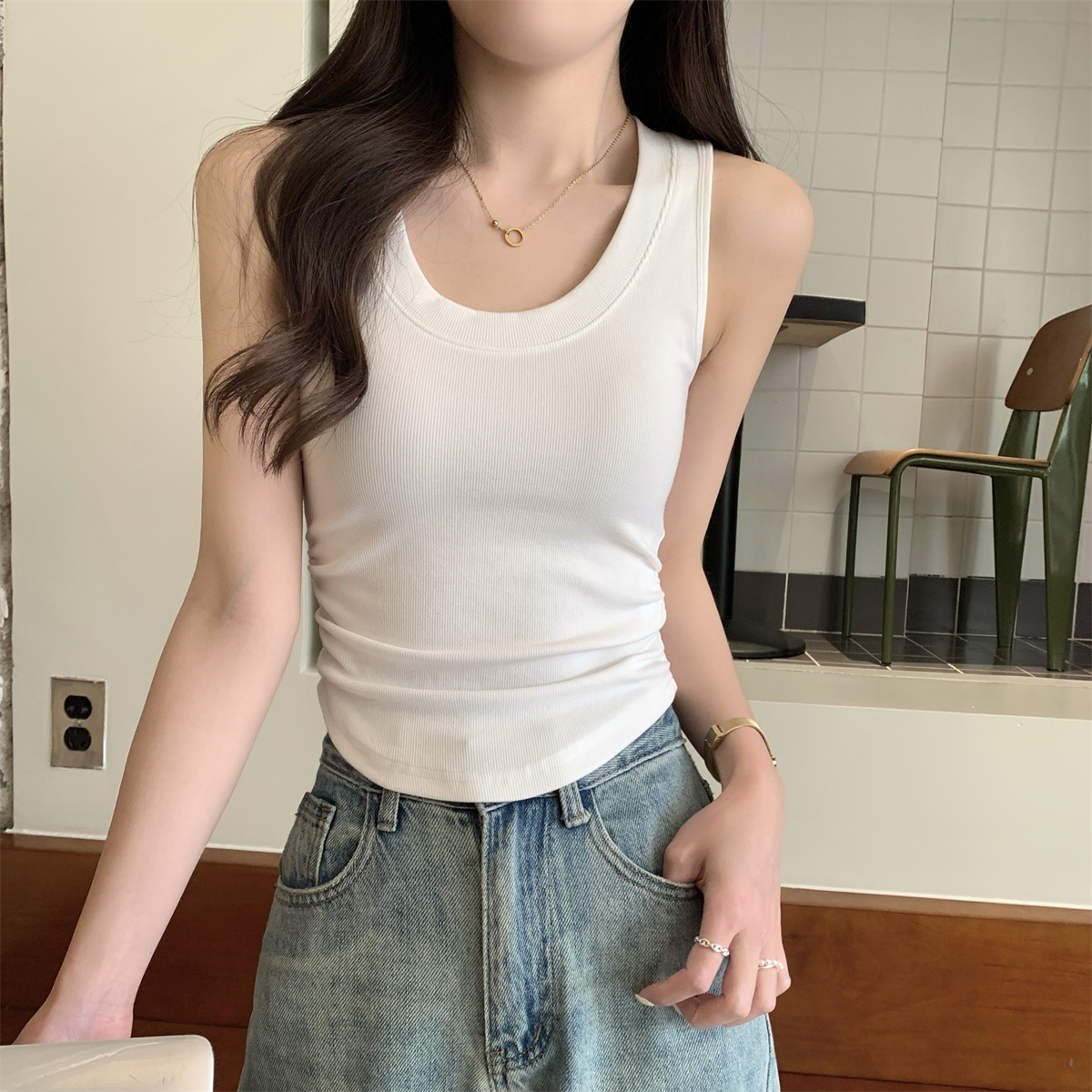實拍 夏季韓版修身u領簡約褶皺顯瘦純棉背心T恤上衣女