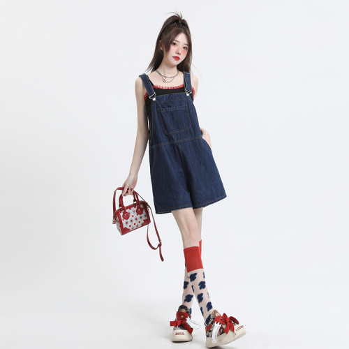Retro overalls women's thin 2024 summer new high-waisted straight loose denim overalls five-quarter pants overalls