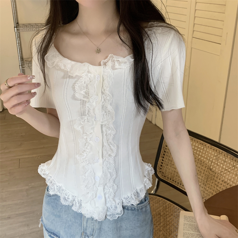 Actual shot of new summer short-sleeved fungus-trimmed sweater tops for women
