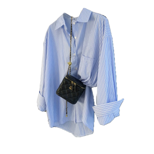 Retro French lazy style blue striped shirt for women spring and autumn design niche long-sleeved layered shirt jacket