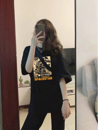 2024新款韩版小众设计感纯棉220克宽松趣味太空猫咪印花短袖T恤