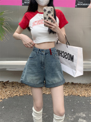 實拍辣妹口袋闊腿牛仔褲女春季2024新款時尚高腰顯瘦百搭短褲子潮