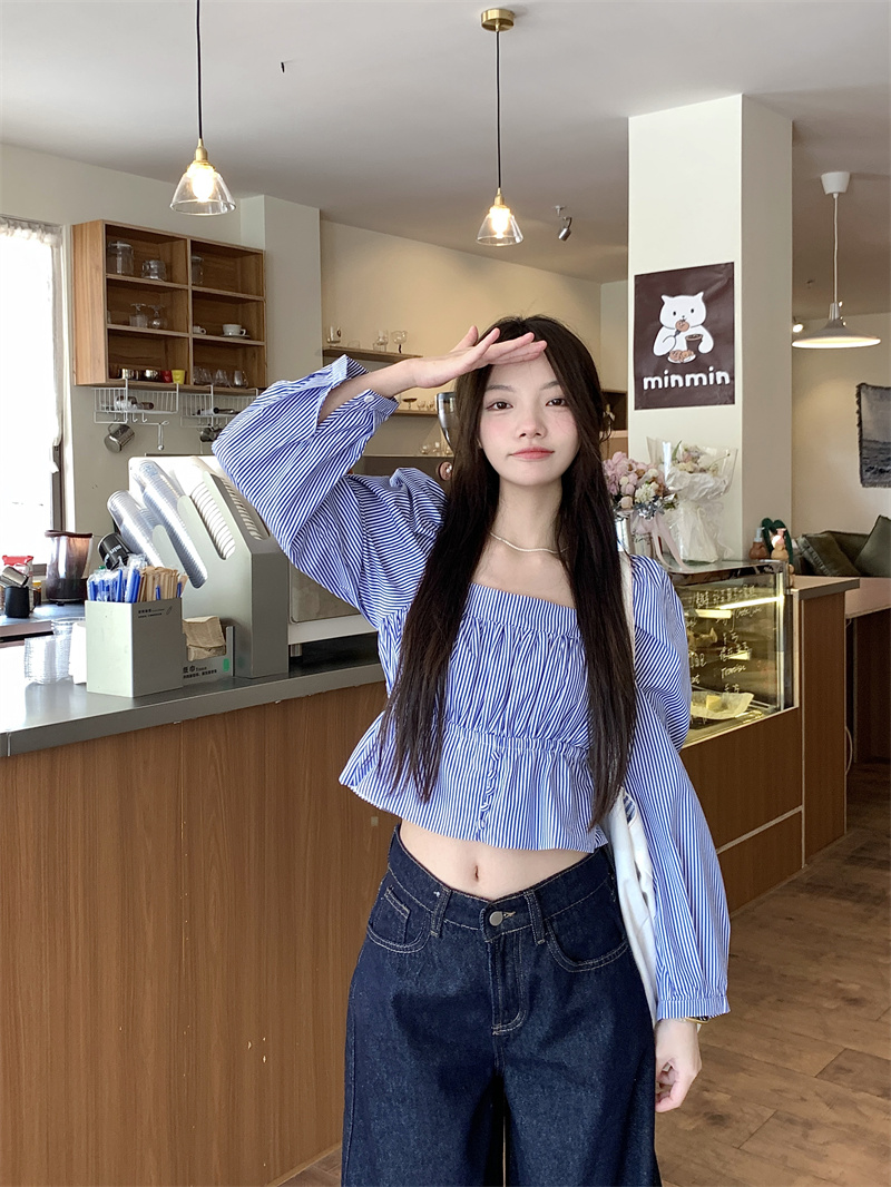 Actual shot ~ blue striped puff sleeves square neck long sleeve short top design niche sweet shirt