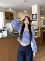 Actual shot ~ blue striped puff sleeves square neck long sleeve short top design niche sweet shirt