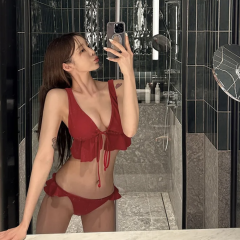 韓國新款女游泳衣連體三角修身顯瘦遮肚波點時尚歐美日韓泳裝