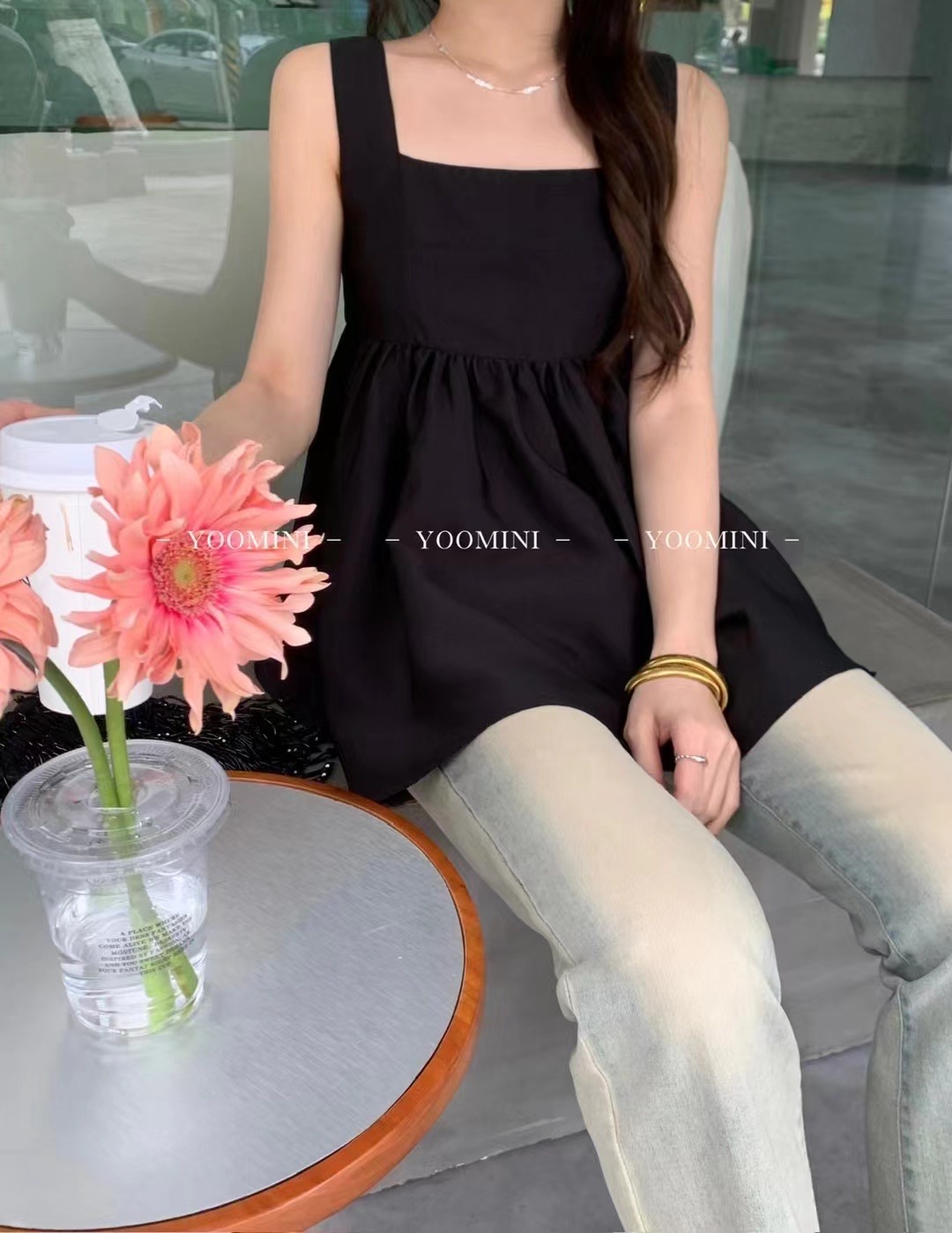 十三行女裝2024春款韓版寬鬆無袖方領背心小飛袖娃娃衫荷葉邊上衣