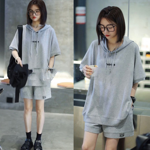 Fashion casual short-sleeved suit for women 2024 summer new style loose hooded sportswear versatile shorts two pieces