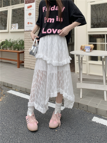 Actual shot Korean style high-waisted slimming irregular lace cake skirt versatile mid-length skirt