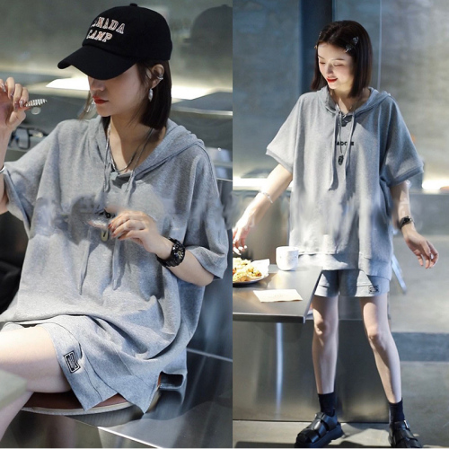 Fashion casual short-sleeved suit for women 2024 summer new style loose hooded sportswear versatile shorts two pieces