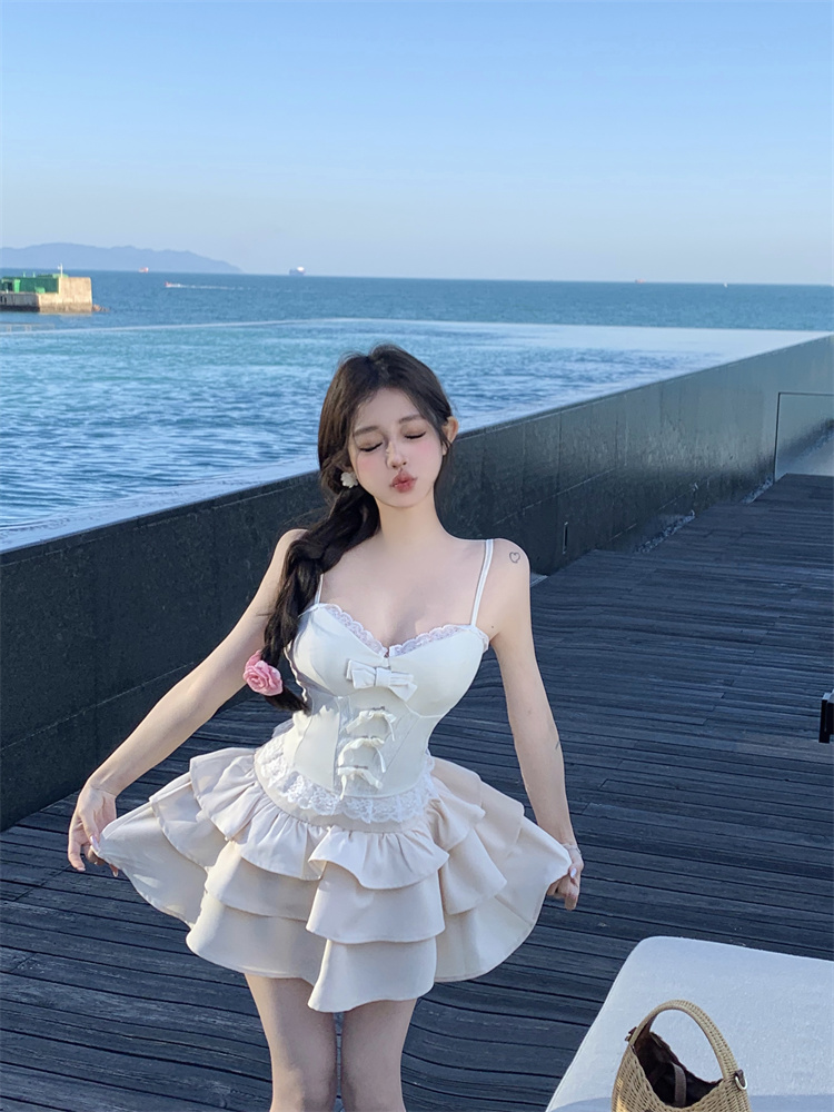 實拍 純欲蝴蝶結蕾絲花邊顯瘦吊帶+高腰蛋糕裙辣妹套裝女